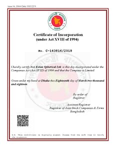 Certificate of Joint Stock Company Bangladesh